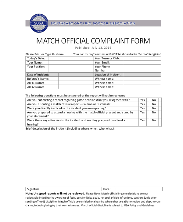 match official complaint form