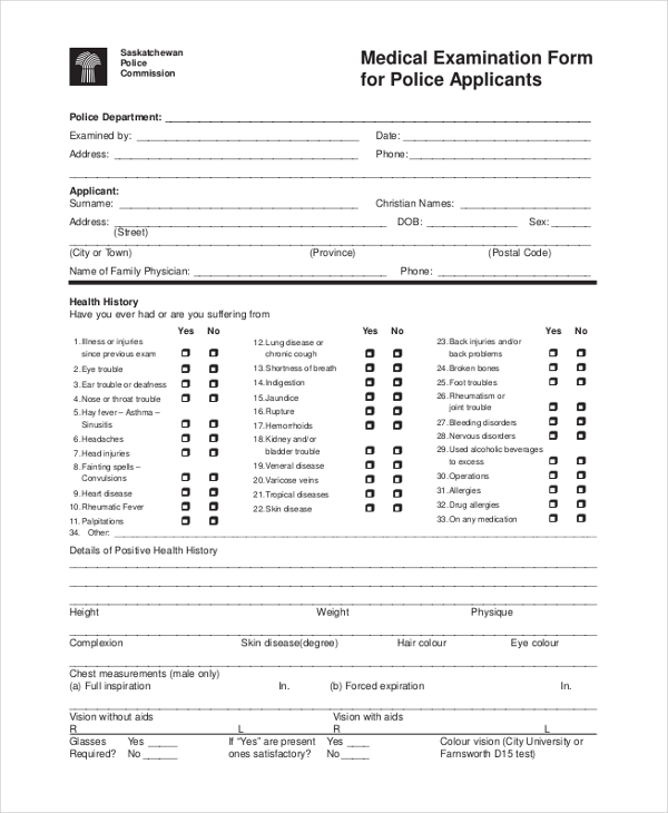 medical examination form for police applicants