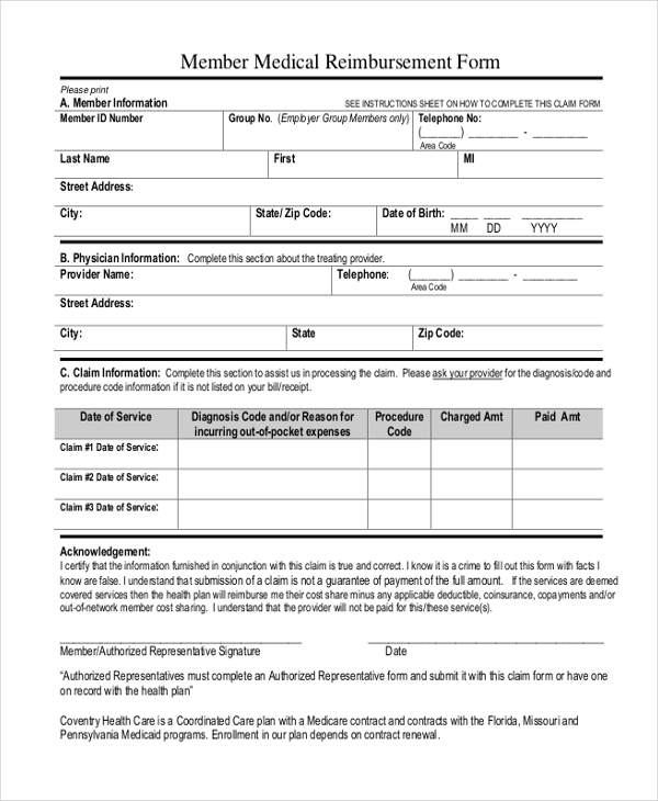 member medical reimbursement form