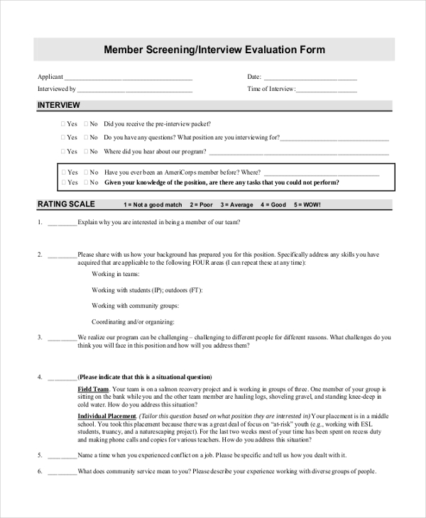 member screening interview evaluation form