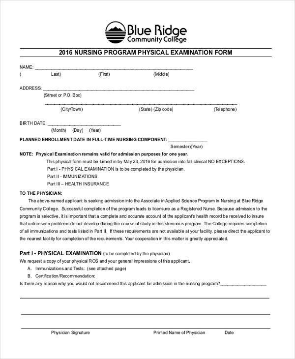 nursing program physical examination form