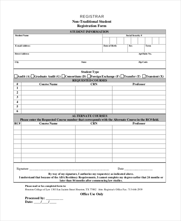 non traditional student registration form