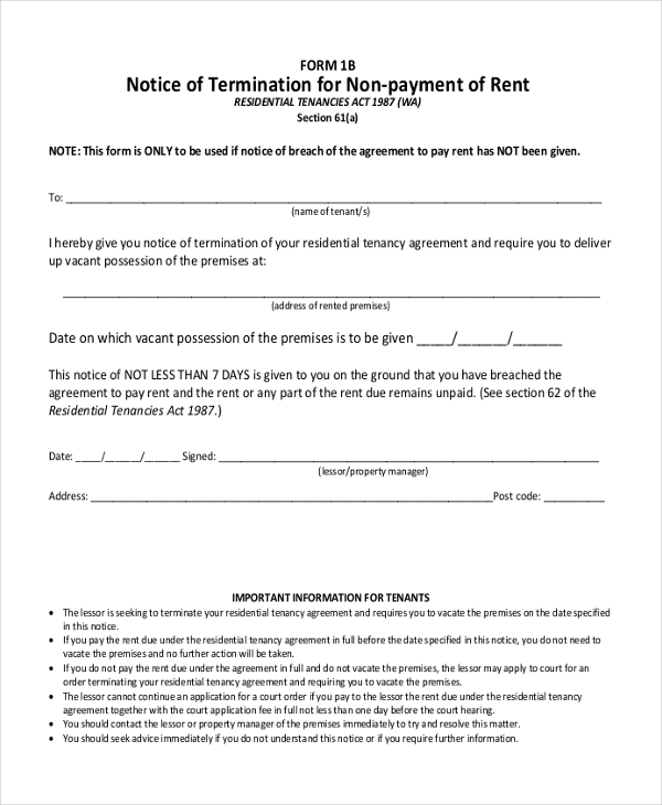 notice of termination for non payment of rent