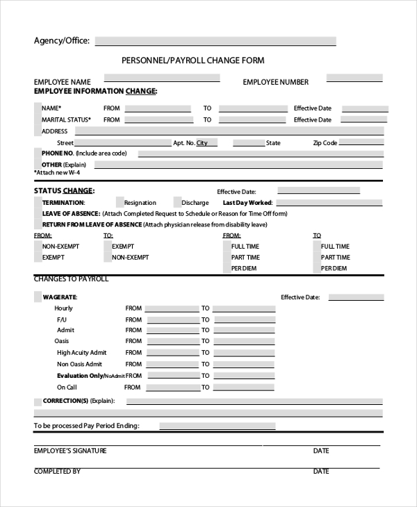 personnel payroll change form