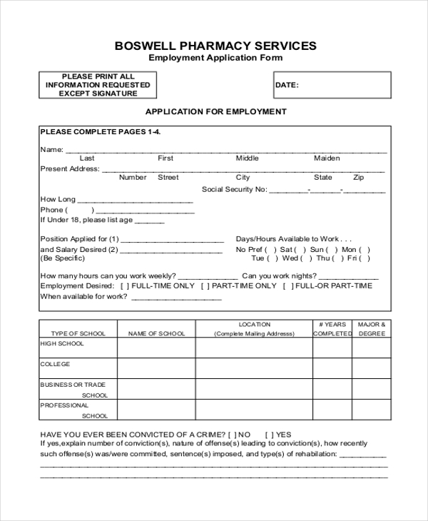 pharmacy services employment application form