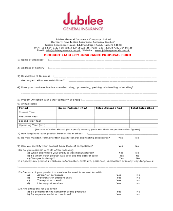product liability insurance proposal form