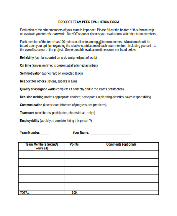 project team peer evaluation form