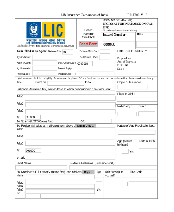 Free 10 Sample Lic Proposal Forms In Pdf Word