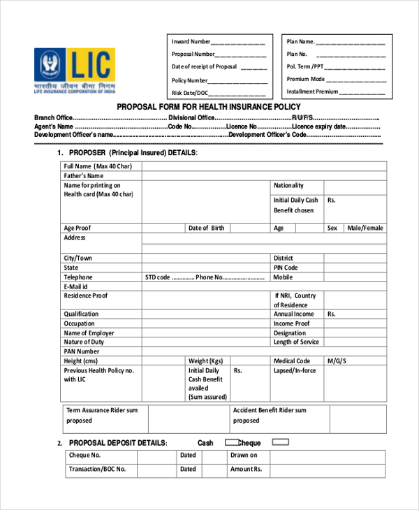 FREE 9 Sample LIC Proposal Forms