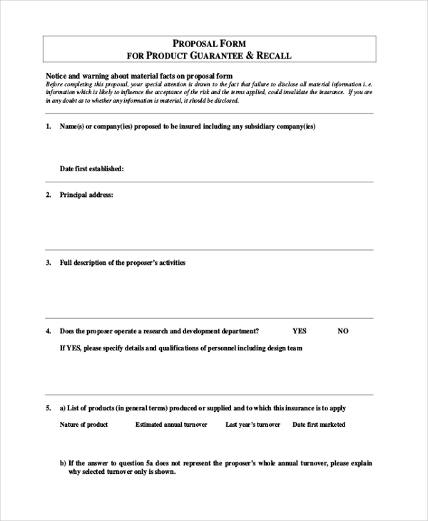 proposal form for product guarantee 