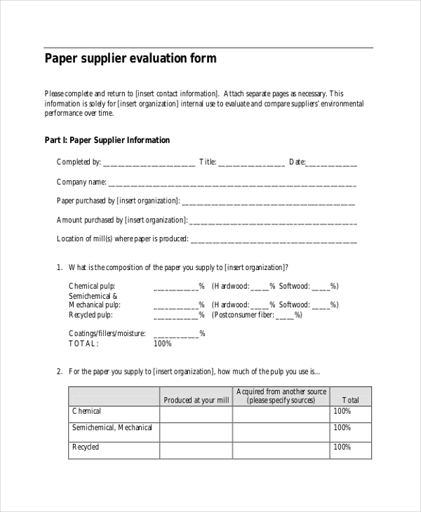 paper supplier evaluation form