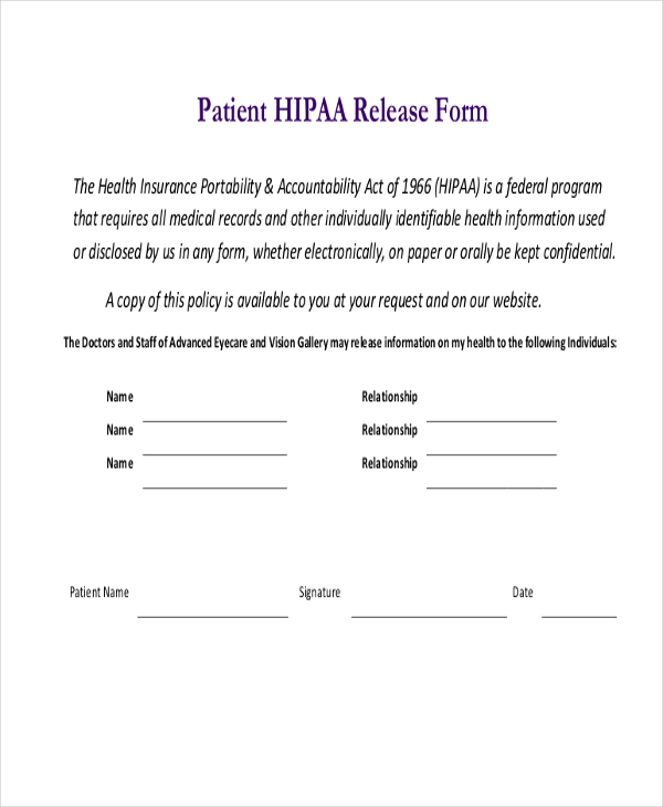 patient hipaa release form