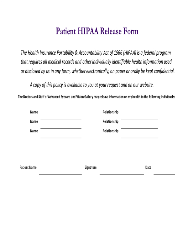 Free 11 Hipaa Release Form Samples In Pdf Ms Word 8896