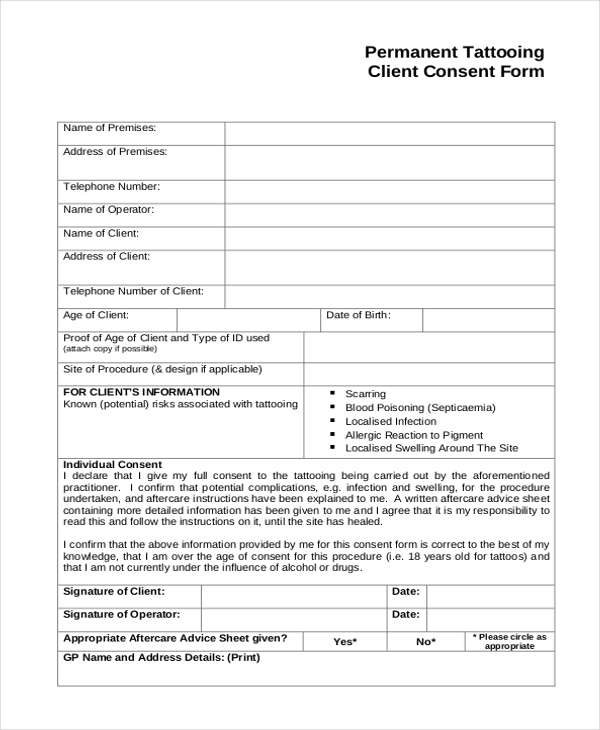 permanent tattooing client consent form