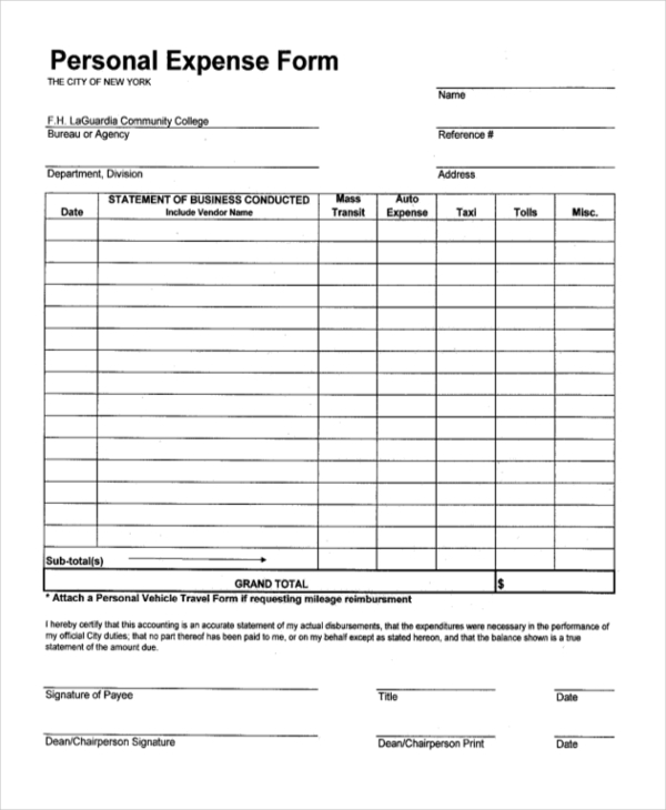 personal expense form