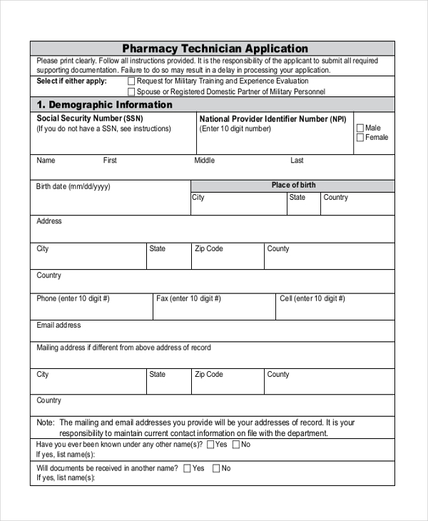 pharmacy technician job application form