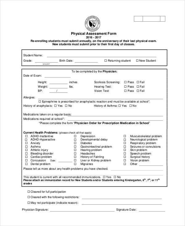 physical assessment form