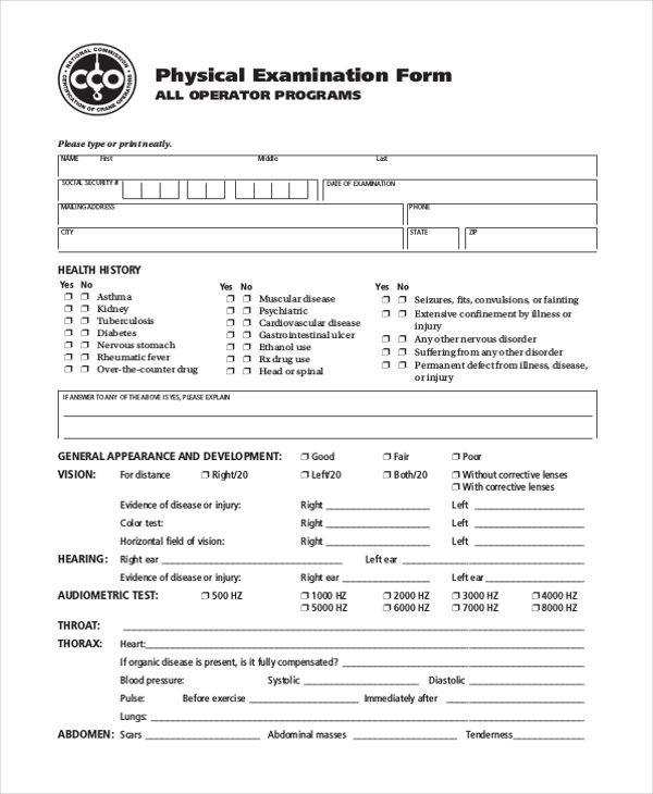 Printable Physical Examination Form