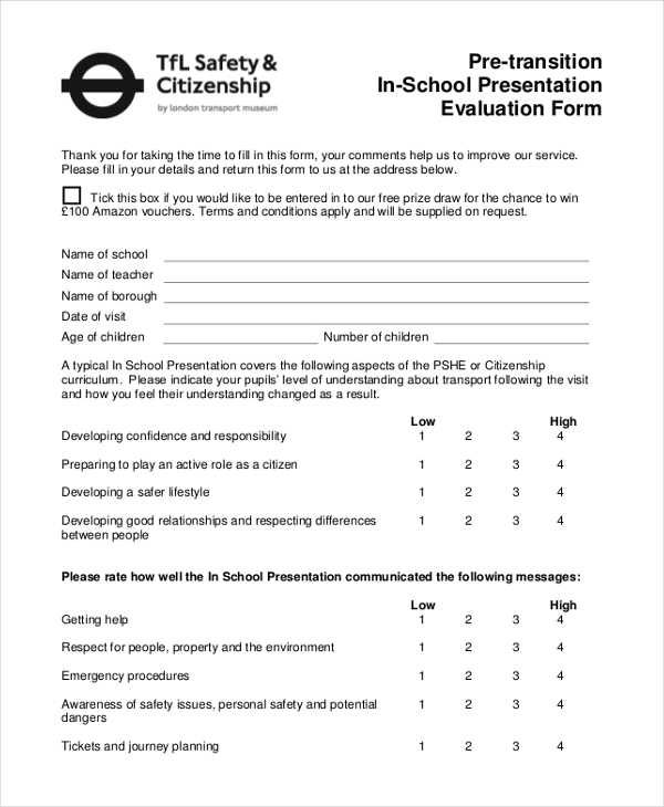 pre transition in school presentation evaluation form
