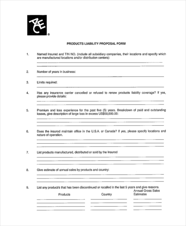 product liability proposal form