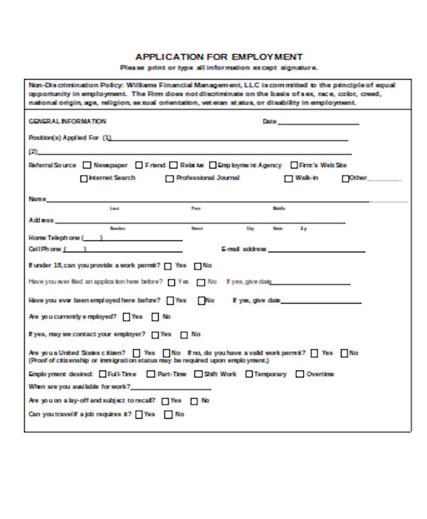 professional employee application form