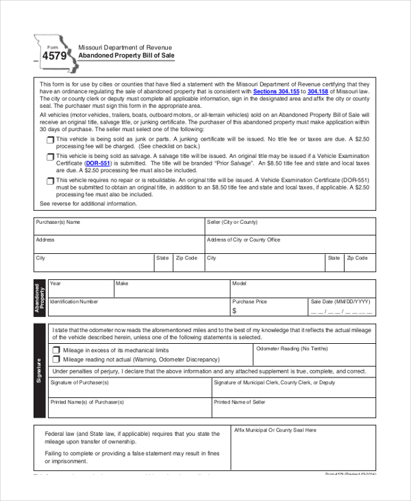 property bill of sale form