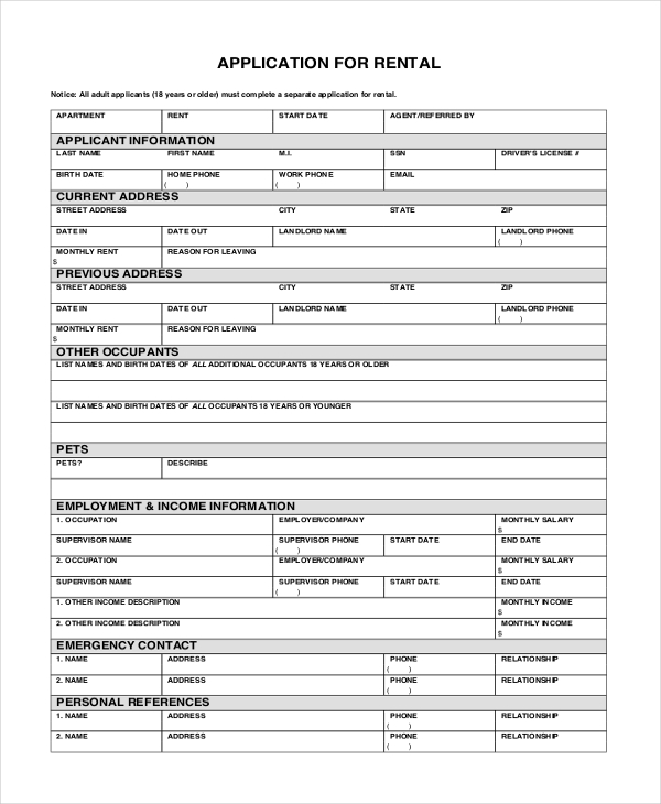 rental home application form