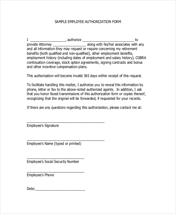 sample employee authorization form