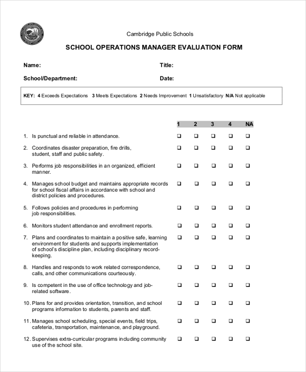 school operations manager evaluation form