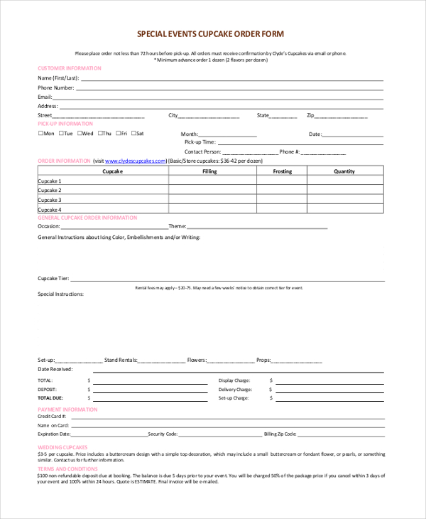 Free Cupcake Order Form Template Printable Templates