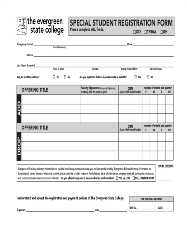 special student registration form