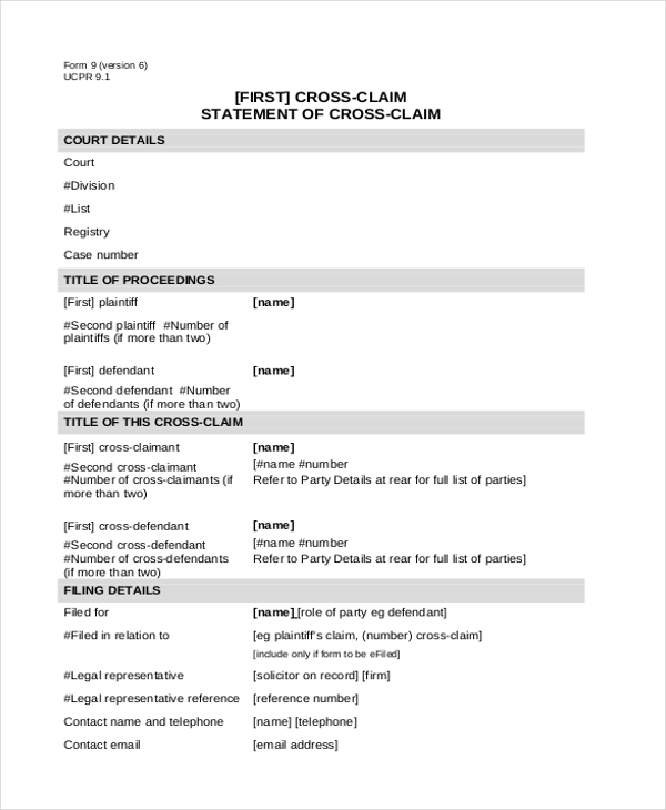 statement of cross claim form