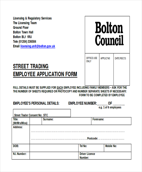 street trading employee application form