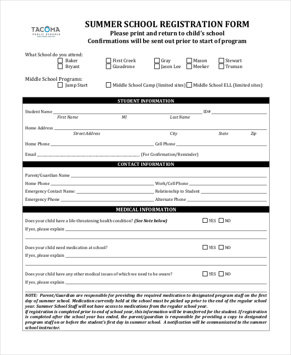 summer school registration form