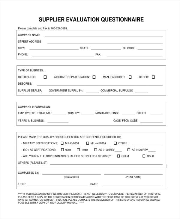 supplier evaluation questionnaire form