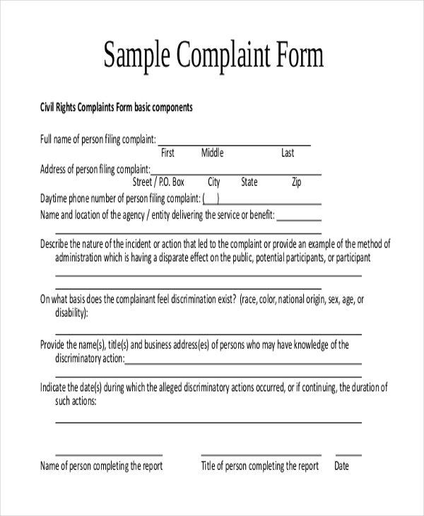 Free 23 Sample Complaint Forms In Pdf Ms Word Excel 9492