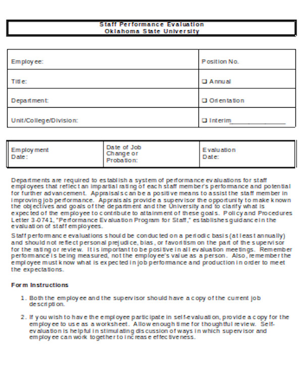 sample job performance evaluation form