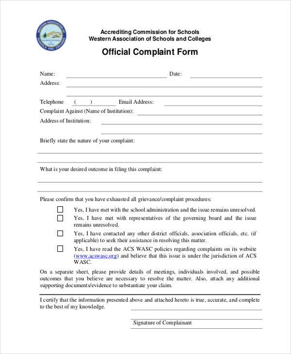 sample official complaint form