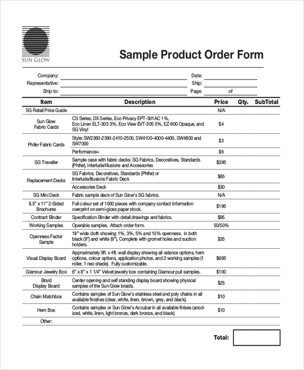 sample product order form