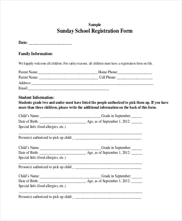 sample sunday school registration form