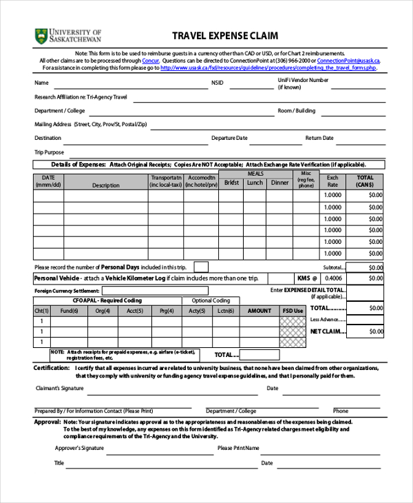 FREE 11 Sample Travel Expense Claim Forms In WORD