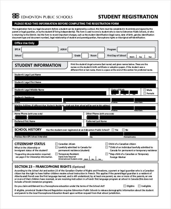 schools tudent registration form