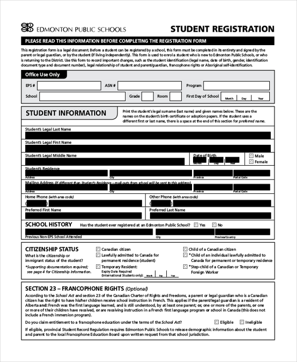 FREE 12 Sample School Registration Forms In PDF Word Excel