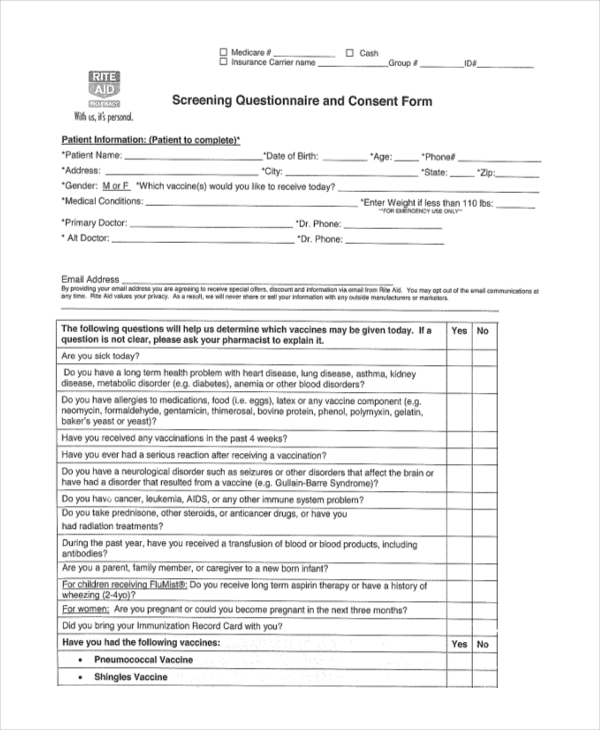 screening questionare consent form