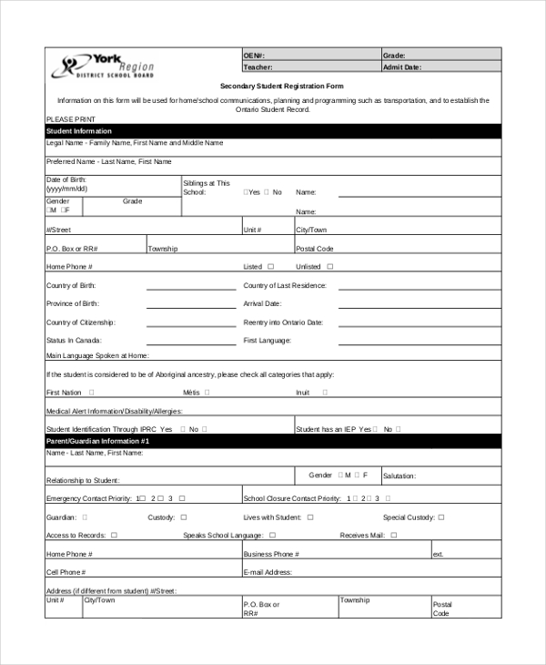 secondary student registration form
