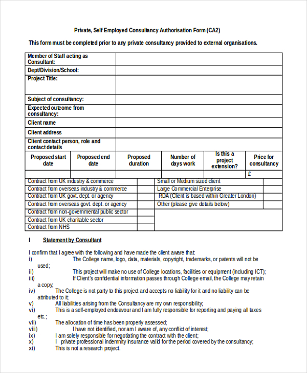 self employed consultancy authorisation form