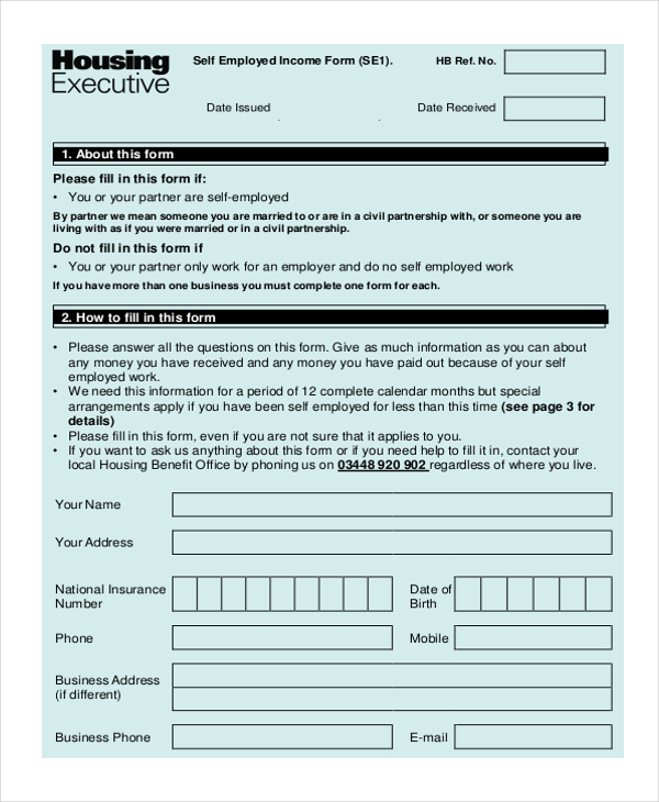 Free 11 Sample Self Employment Forms In Pdf Ms Word 8570