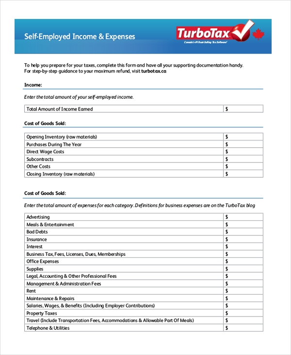 self employment expenses form