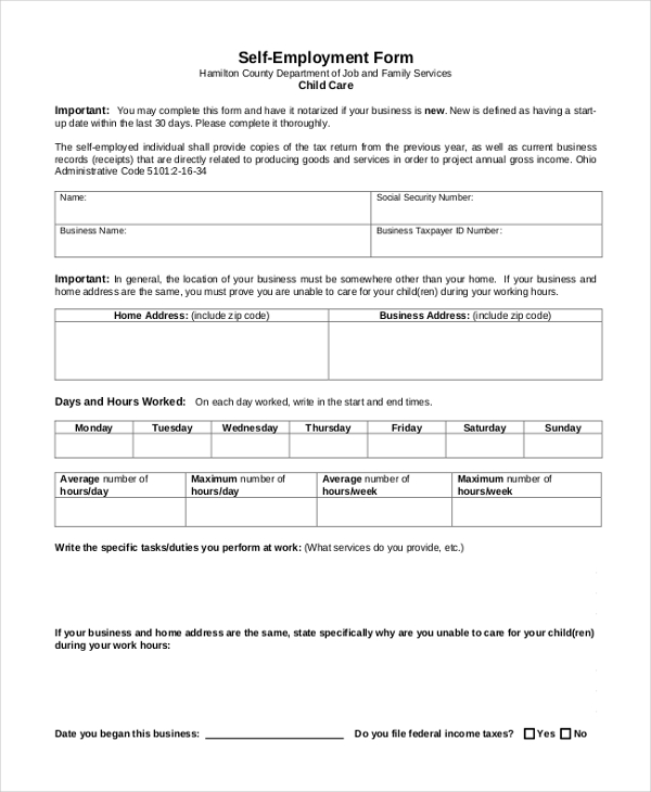 Free 11 Sample Self Employment Forms In Pdf Word Excel - Bank2home.com