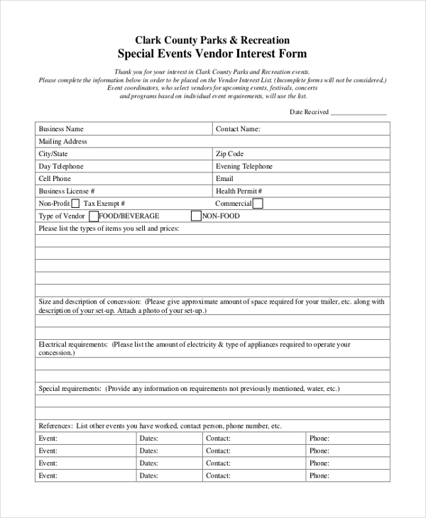 special events vendor interest form